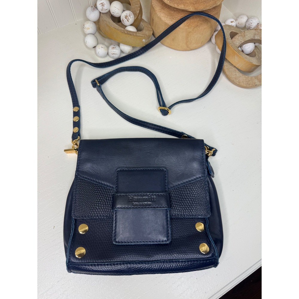 Hammitt VIP Medium Navy Blue Leather Crossbody Bag Gold Rivets Red Lining
